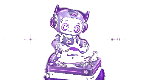 Robozinho colocando um disco de vinil no toca-discos e dançando